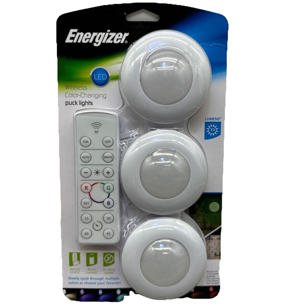 ENERGIZER Wireless COLOR-CHANGING Puck Lights 3 Pack W/ REMOTE, Dimmer AND Timer